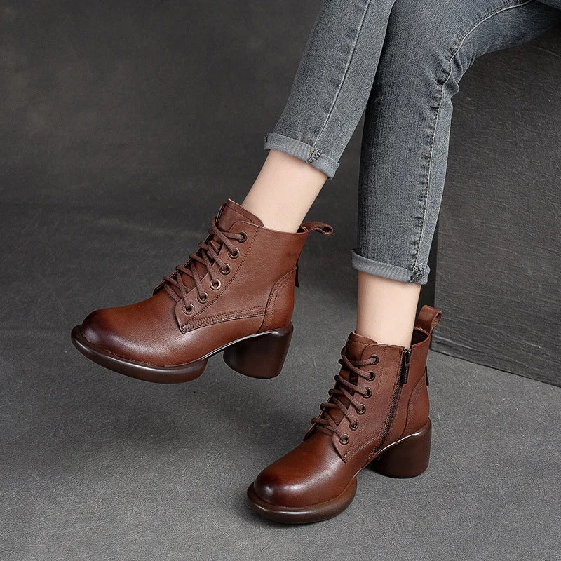 Comfortable snow boots for women -Women Minimalist Leather Casual Chunky Heel Boots