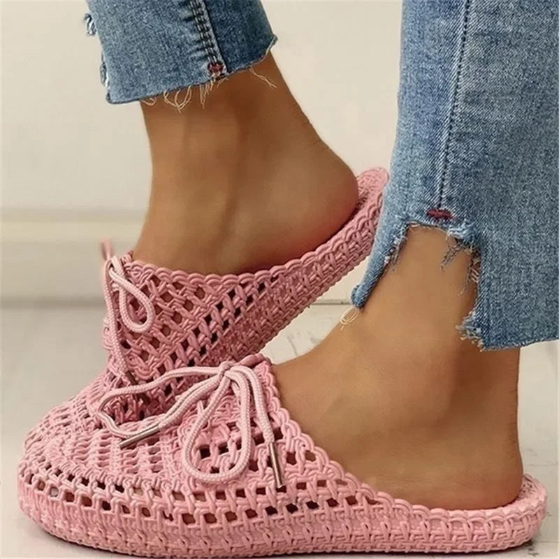 Slippers for evening hues-Flip-flops Summer Shoes Women Sandals Fashion Hollow Out Breathable Beach Shoes Lace-up Ladies Slippers Sandals