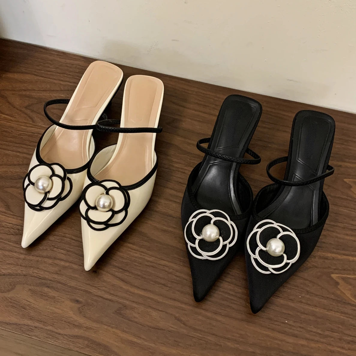 Slippers for evening rest-Flower Pointed Toe High Heels Women Luxury Designer Sandals Female Summer Elegant Fashion Pumps Woman Flower Mule Slippers Women