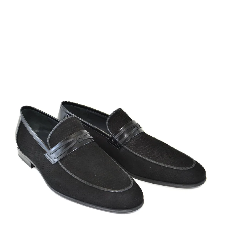 stylish fall loafers-Corrente C130 3417HS Men's Shoes Black Perforated Suede Leather Loafers (CRT1306)