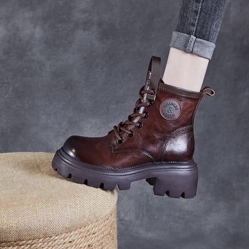 Tall leather boots for women -Women Vintage Leather Thick Soled Combat Boots