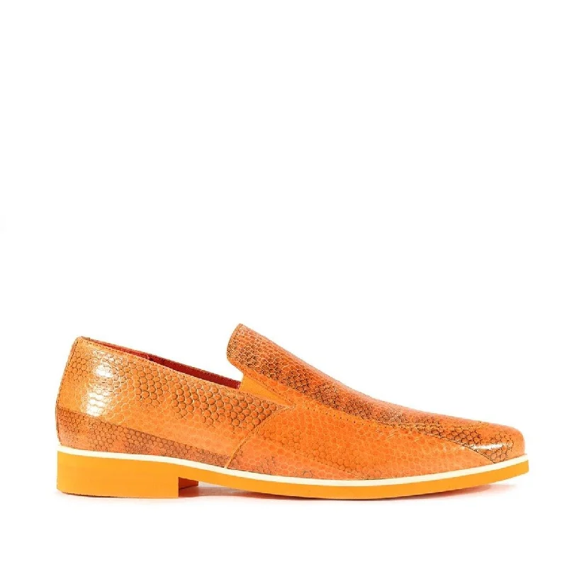 stylish spring loafers-Fennix Daniel Men's Shoes Orange Python Print / Eel-Skin Slip-on Loafers (FXS2602)