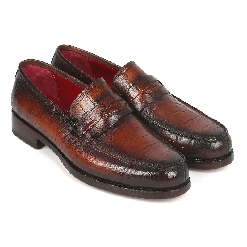 cozy nude loafers-Paul Parkman 3857-BRW Men's Shoes Brown Crocodile Print Leather Penny Loafers (PM6336)