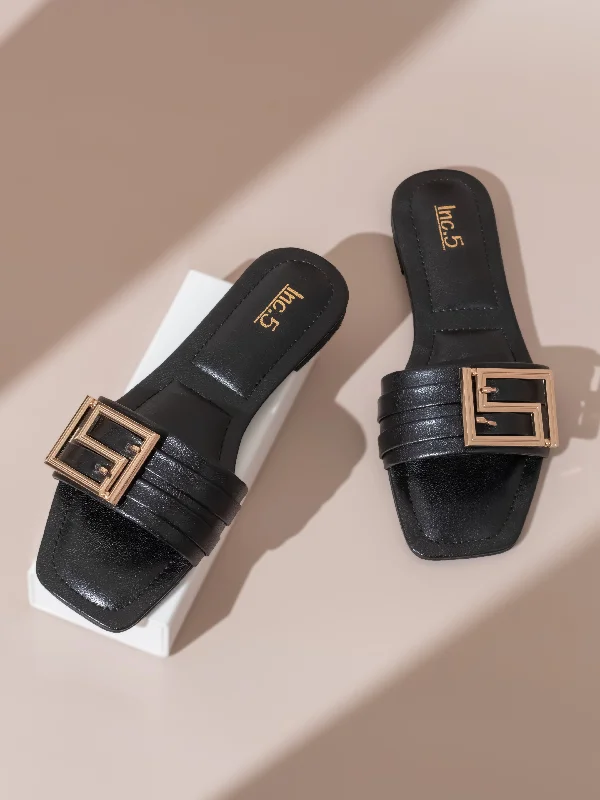 comfy work flats-Women Black Embellished Open Toe Flats With Buckle Detail