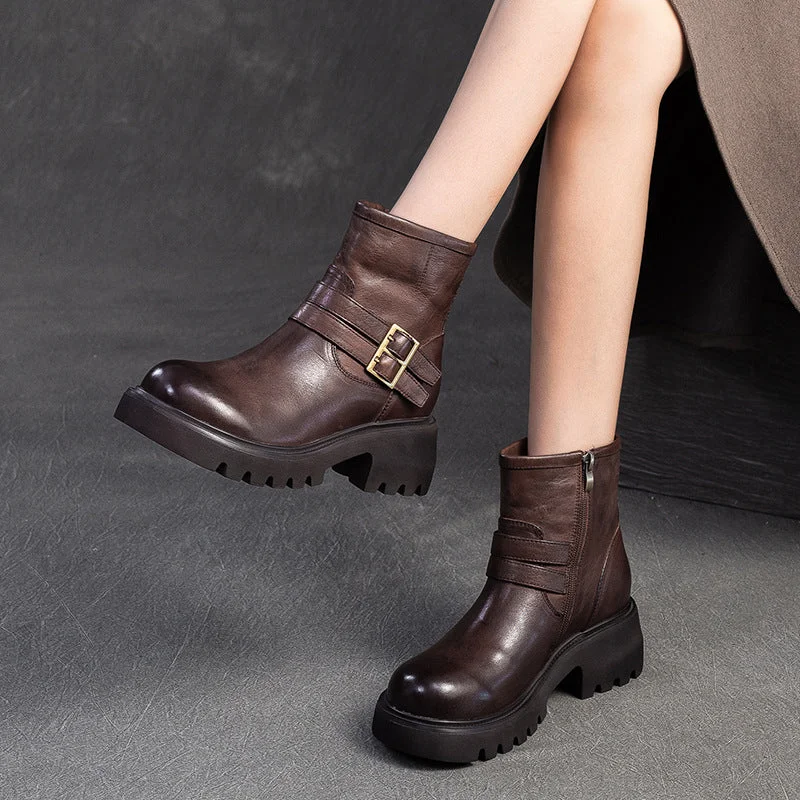 Stylish boots for extreme cold conditions -Women Vintage Leather Buckle Casual Platform Boots