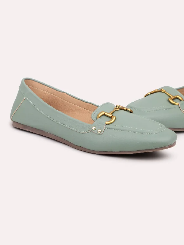 durable office flats-Women Green Buckles Flats Ballerinas