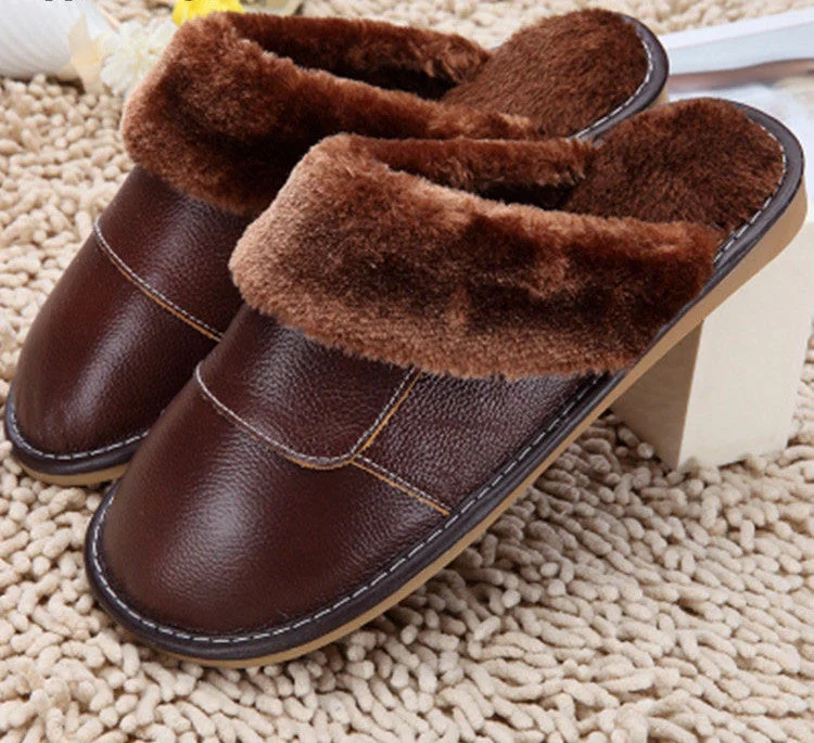 Slippers for warm days-6 Colors Genuine Leather Home Slippers High Quality Women Men Slippers Plush Warm Indoor Shoes Men Women Size 35-44