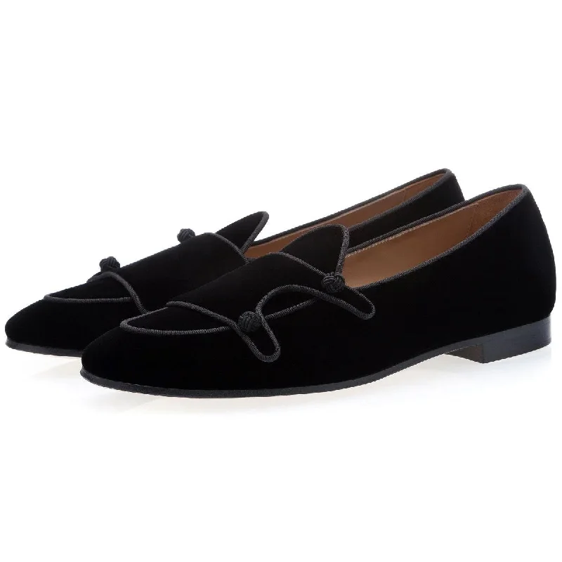 chic white loafers-SUPERGLAMOUROUS Tangerine 7 Velour Men's Shoes Black Velvet Monk-Straps Belgian Loafers (SPGM1022)