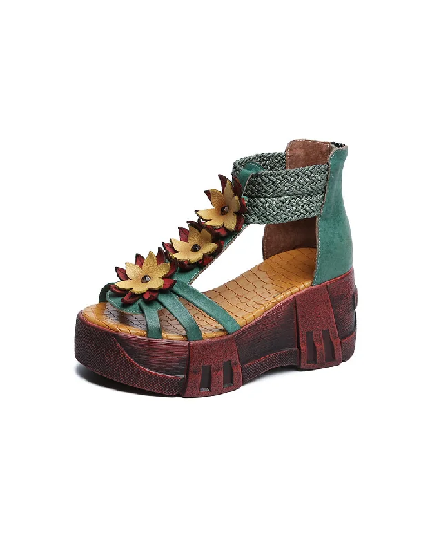 sandals with ergonomic design -Handmade Retro Leather Flower Platform Sandals