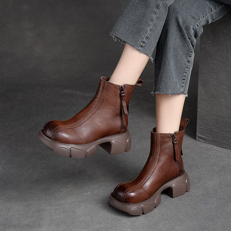 Warm boots for walking in snow -Women Retro Minimalist Casual Leather Chunky Heel Boots