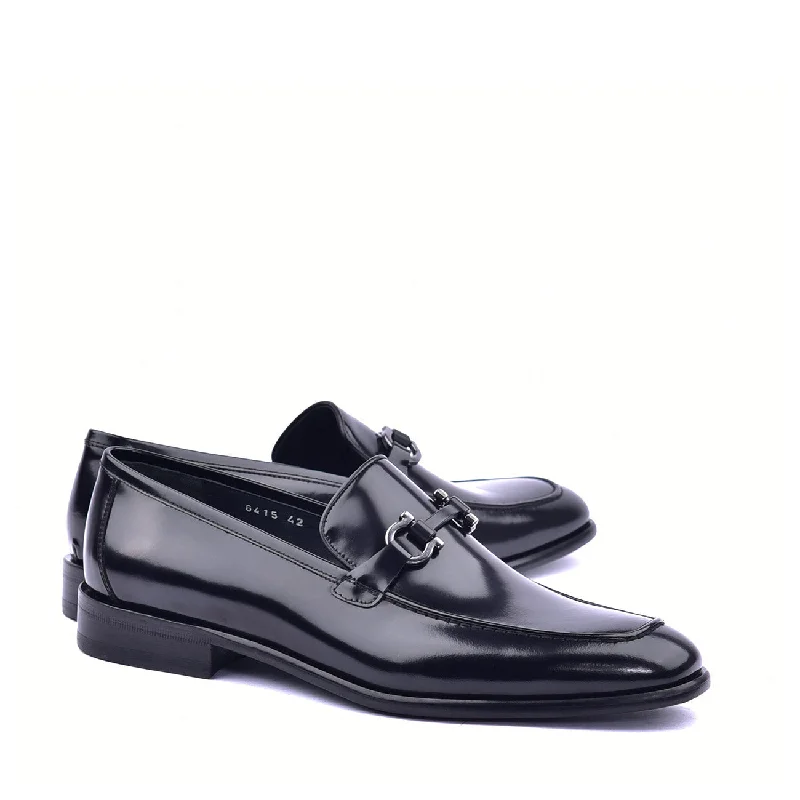 chic black loafers-Corrente C043 6415 Men's Shoes Black Calf Skin Leather High Gloss Buckle Loafers (CRT1367)