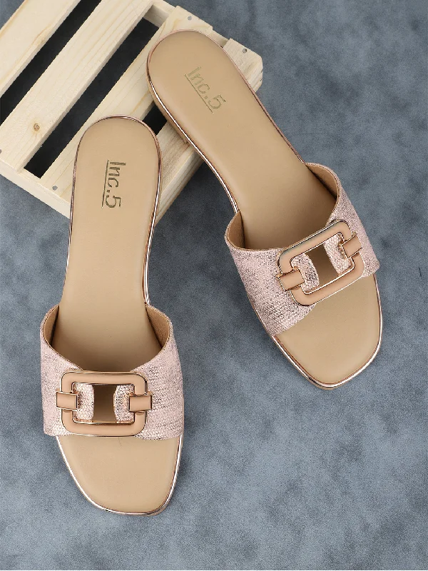 sleek pink flats-Women Peach Coloured Textured Buckle Detailed Open Toe Flats