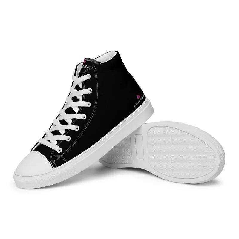 Solid Black Men's Sneakers, Solid Black Color Men’s High Top Canvas Fashion Running Tennis Shoes