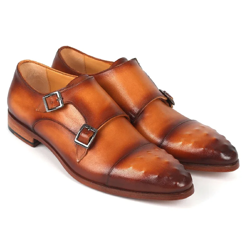 cute floral loafers-Paul Parkman 047-CML Men's Shoes Light Brown Calf-Skin Leather Studded Cap Toe Monkstraps Loafers (PM6369)