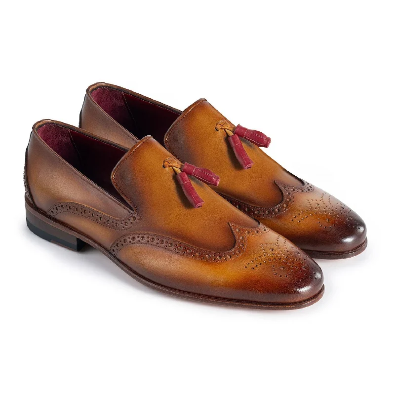 trendy tan loafers-Paul Parkman Men's Shoes Calf-Skin Leather Wingtip Tassels Loafers (PM6435)