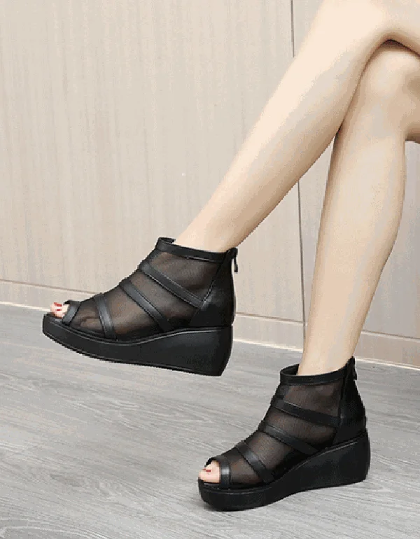 sandals with waterproof soles -Summer Mesh Fish-toe Ankle Wedge Sandals