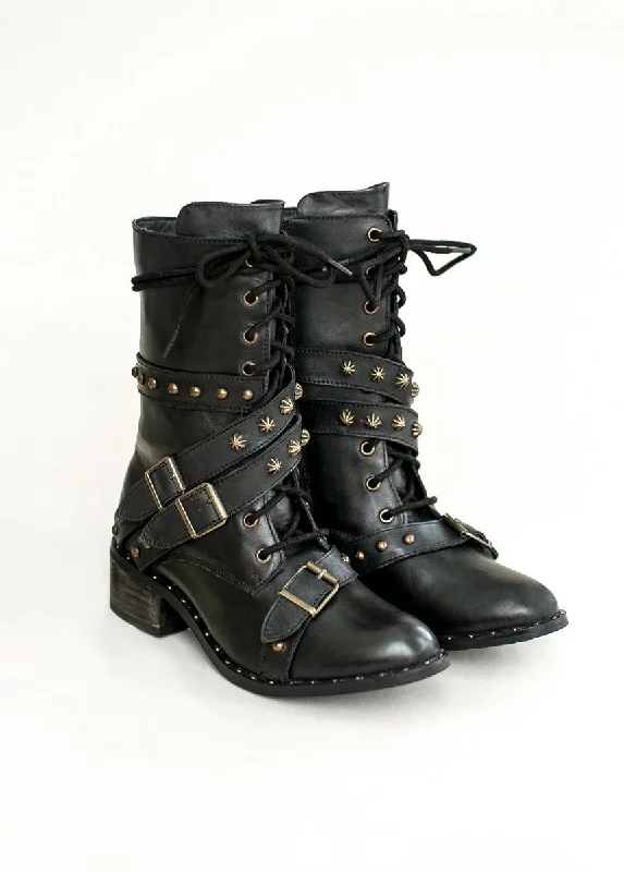 Cold-weather boots with faux fur -Rory Leather Combat Boot in Distressed Black