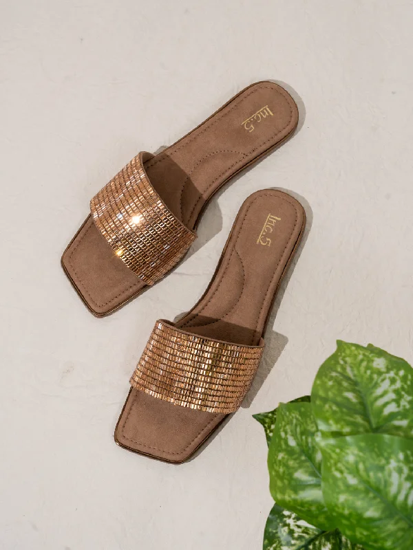 non-slip travel flats-Womens Golden Casual Embellished Open Toe Flats