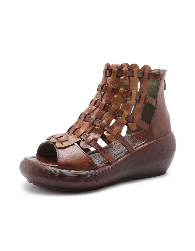 men’s sandals with leather heels -Summer Hand-Woven Retro Wedge Sandals