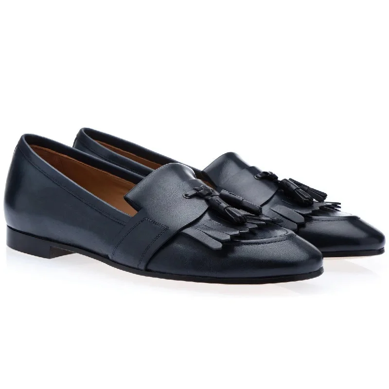 cushioned casual loafers-SUPERGLAMOUROUS Romeo Toledo Men's Shoes Navy Calf-Skin Leather Tassels Loafers (SPGM1053)