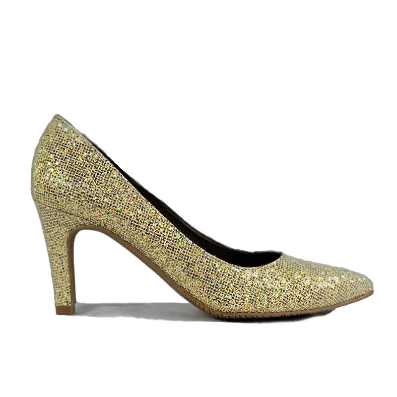 high heels with leather straps -'Medina' gold glitter vegan mid-stiletto by Zette Shoes