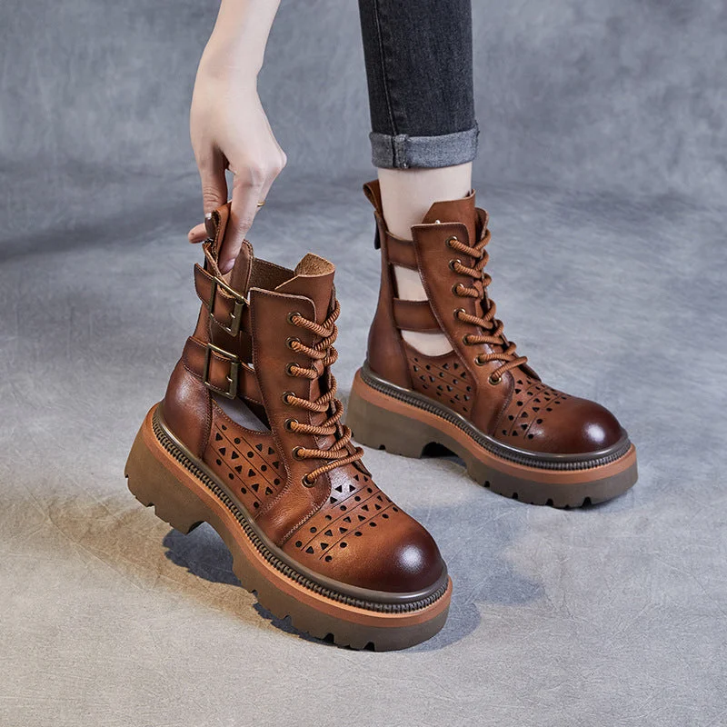 Stylish boots with added warmth for winter -Women Retro Hollow Cutout Leather Boots