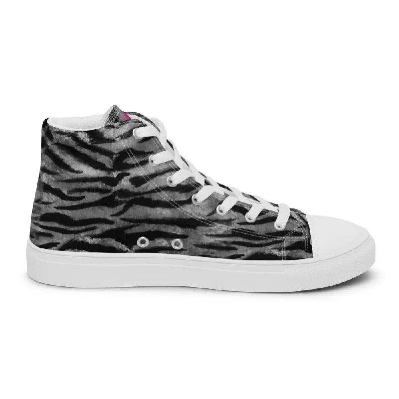 Grey Tiger Striped Women's Sneakers, Animal Print Designer Tiger Stripes High Top Tennis Shoes