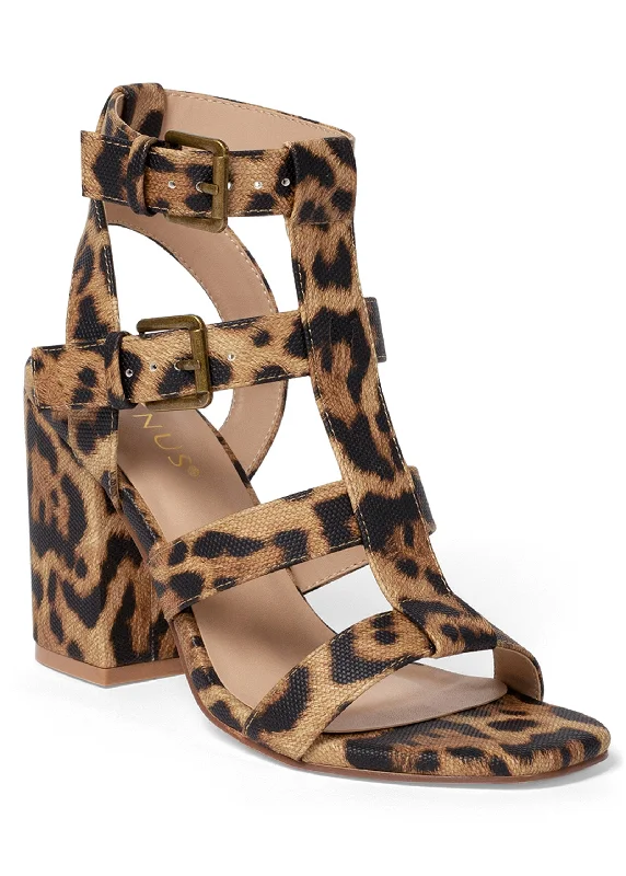 women’s sandals with wedge heels -Buckle Block Heel Sandals - Brown Multi