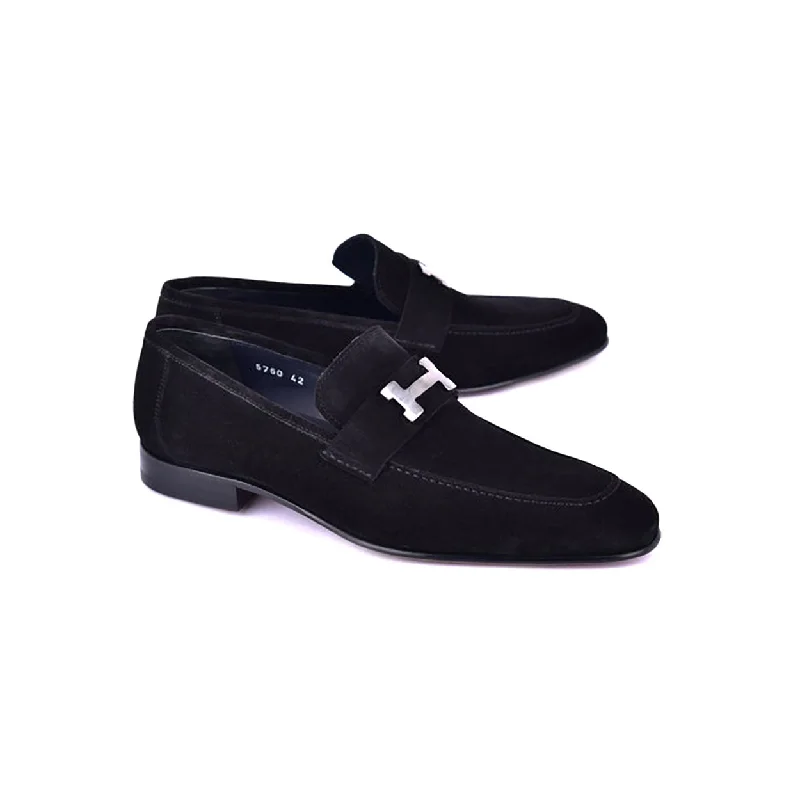 breathable work loafers-Corrente C02003 5760 Men's Shoes Black Suede Leather H Buckle Loafers (CRT1311)