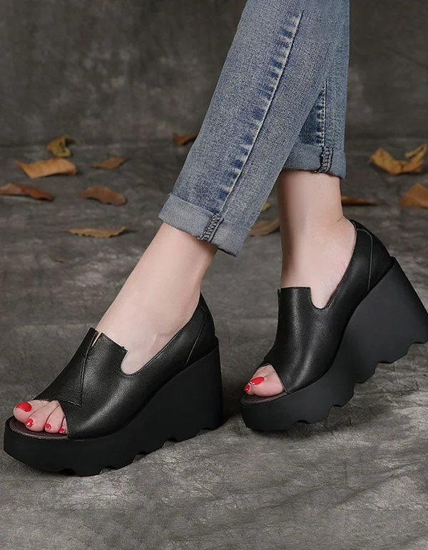 sandals with adjustable straps -Leather Wedge Heels Fish Toe Fashion Sandals