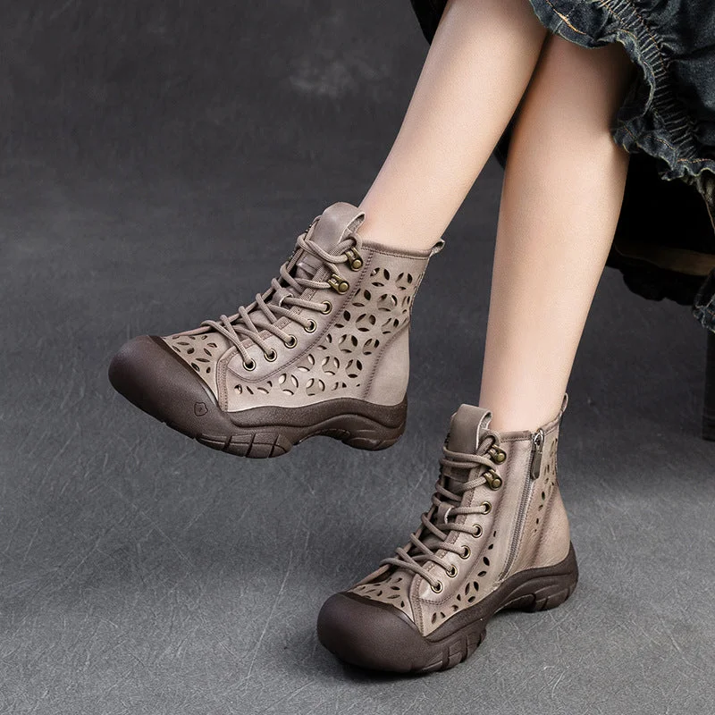 Durable boots for trekking in snowstorms -Women Retro Breathable Hollow Leather Casual Boots