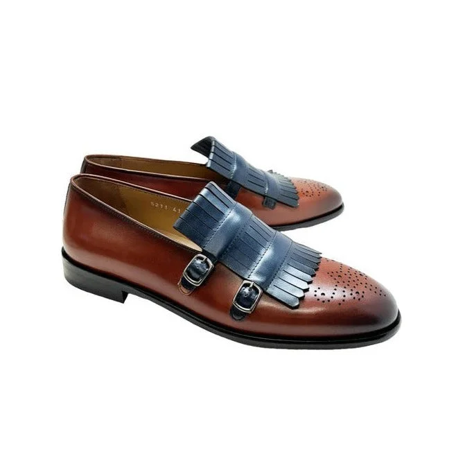 breathable slip-on loafers-Corrente C0001901-5211 Men's Shoes Navy & Brown Calf-Skin Leather Kilt Buckles Loafers (CRT1496)