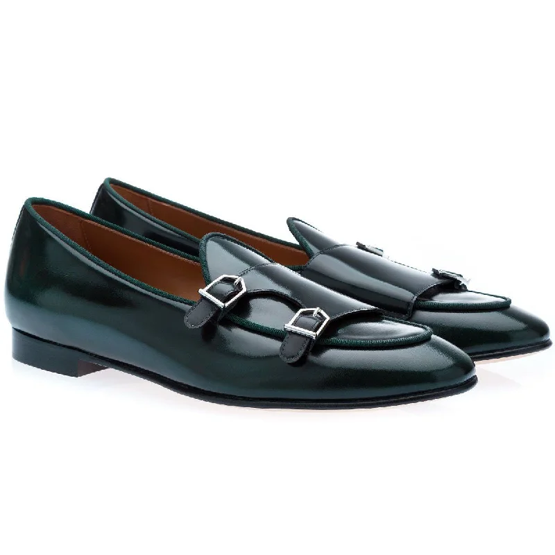 women’s navy loafers-SUPERGLAMOUROUS Tangerine 7 Brushed Men's Shoes Green Polished Leather Belgian Loafers (SPGM1155)