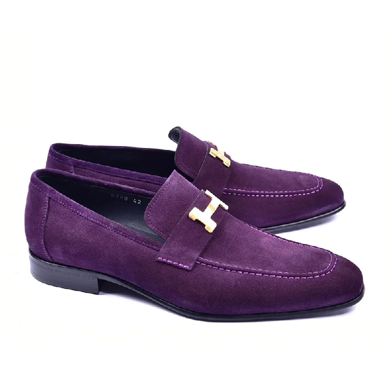 soft leather loafers-Corrente C02004 5760 Men's Shoes Purple Suede Leather H Buckle Loafers (CRT1296)