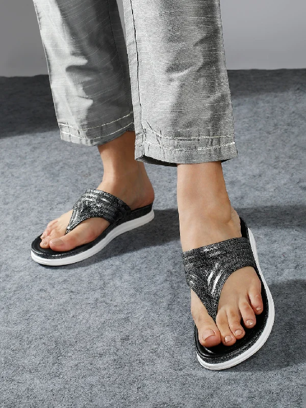 breathable slip-on flats-Women Pewter Textured T-Strap Open Toe Flats