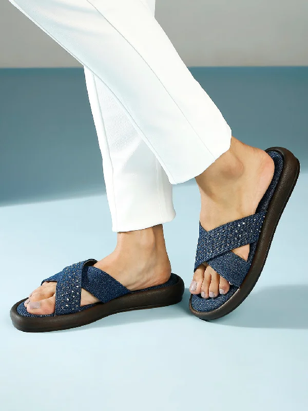 sleek pink flats-Women Navy Denim Criss-Cross Strap Open Toe Flats