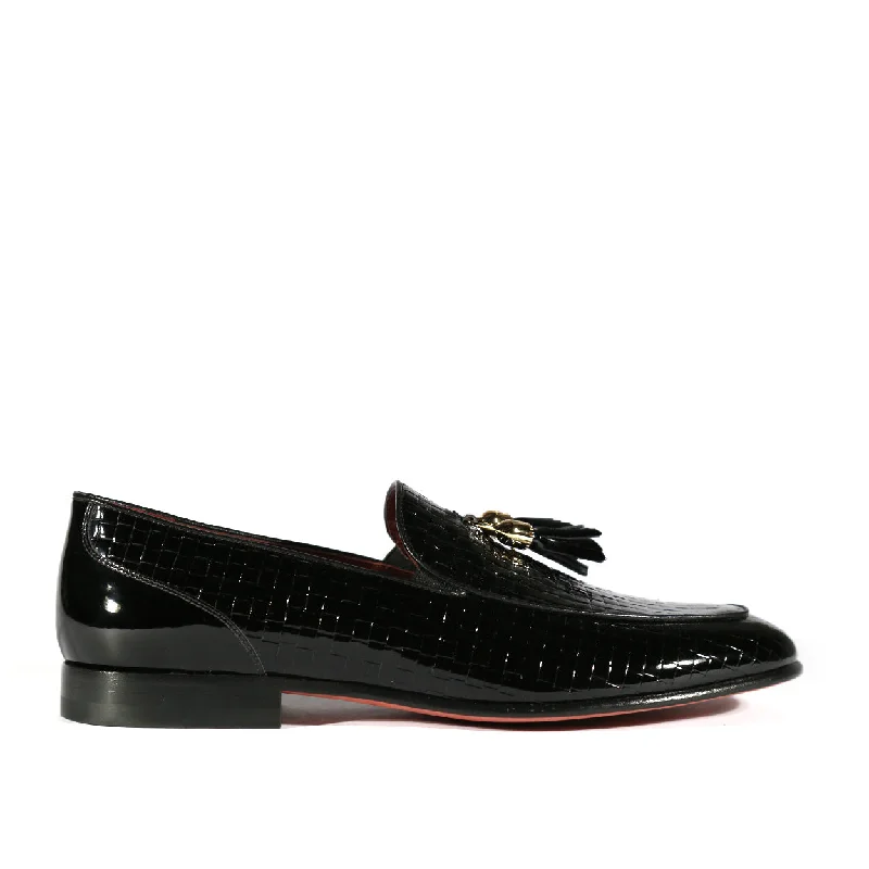 comfy work loafers-Valentino 19673 Men's Shoes Black Woven Patent Leather Tassels Loafers (VAL1005)