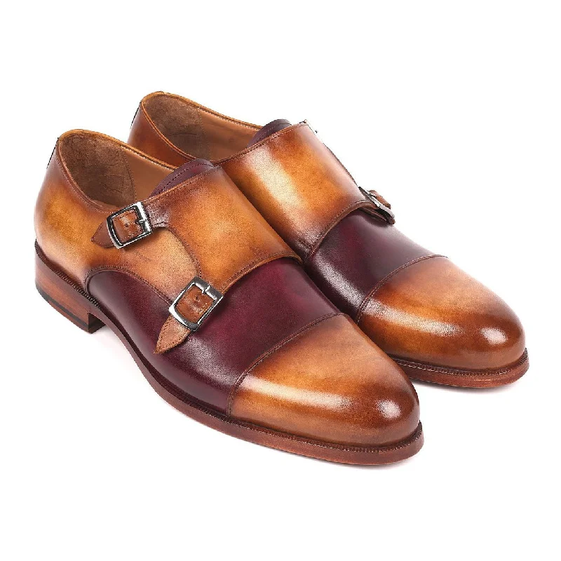 cushioned travel loafers-Paul Parkman Men's Brown and Purple Captoe Double-Monkstraps Loafers 045BP17 (PM6158)