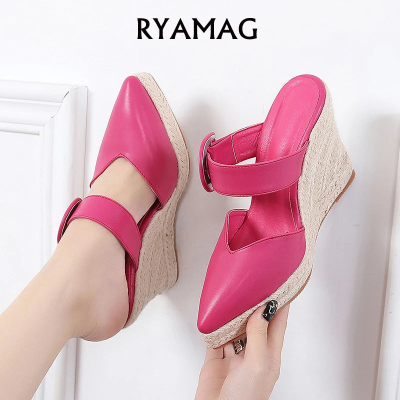 Slippers with warm soles-RYAMAG Wedge Slippers Heel Thick Bottom New Summer Buckle Women's Shoes High Heel Straw Woven Hemp Rope Sole Large Size Shoes