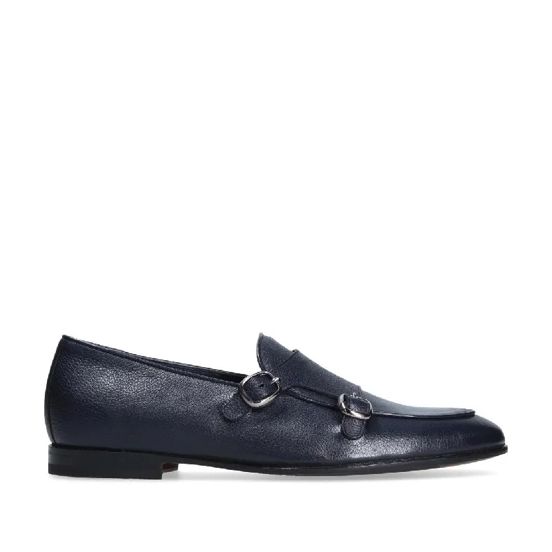 breathable work loafers-Franceschetti Ravenna Men's Shoes Blue Tumbled Calf-Skin Leather Double Buckle Belgian Loafers (FCCT1002)