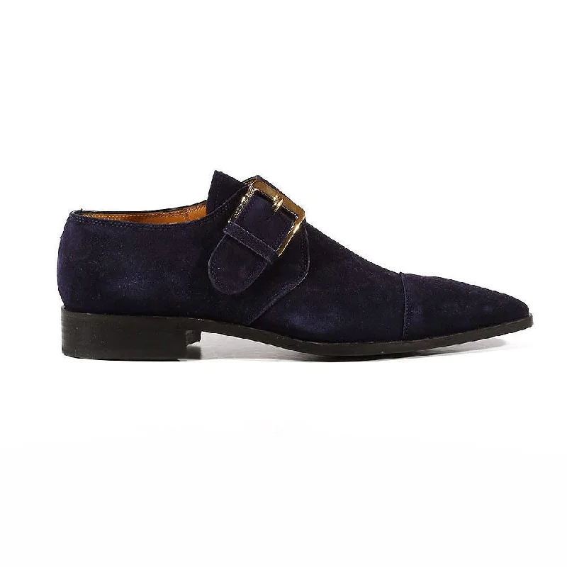 cute patterned loafers-Lowe Valentini Designer Men's Designer Shoes Navy Suede Gold-Plated Monk-Straps Loafers (LDM04)