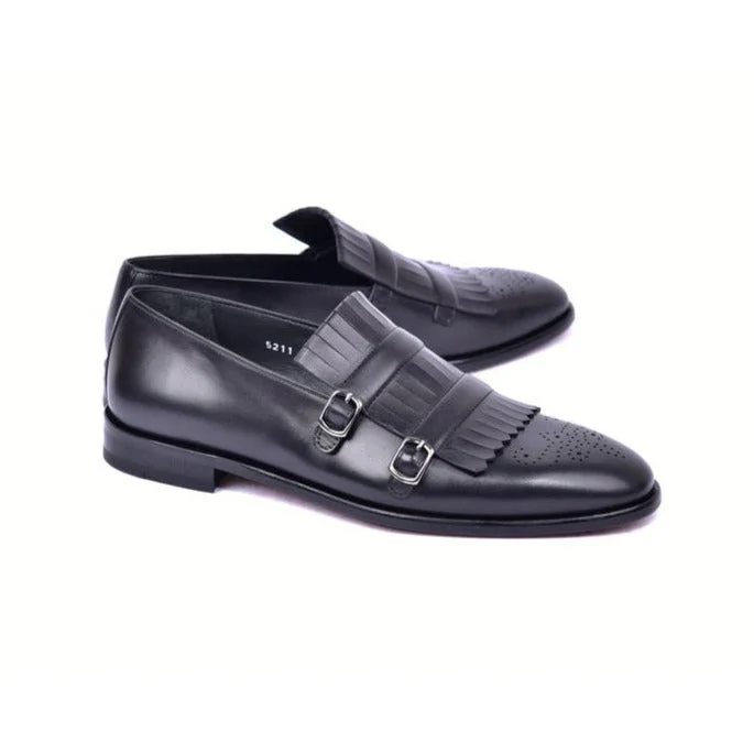 soft mesh loafers-Corrente C0001902-5211 Men's Shoes Black Calf-Skin Leather Kilt Buckles Loafers (CRT1497)