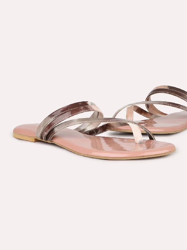 soft canvas flats-Women Peach Printed Strappy One Toe Flats