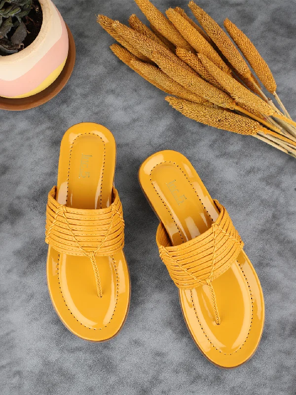 comfy pointed flats-Women Mustard Textured T-Strap Open Toe Flats