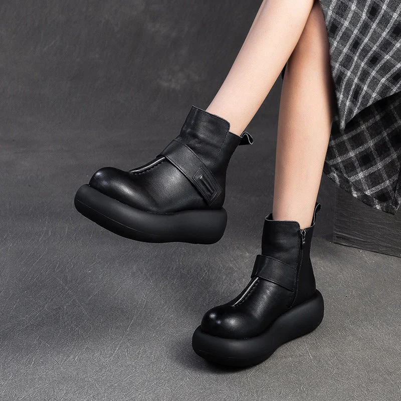 Stylish boots for cold weather protection -Women Vintage Solid Leather Casual Platform Boots