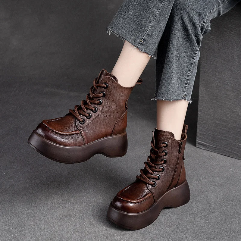 Fashionable winter boots for women -Women Retro Solid Leather Platform Boots