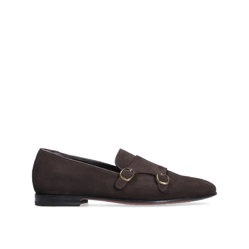 fashionable red loafers-Franceschetti Yari Men's Shoes Brown Suede Leather Double Buckle Belgian Loafers (FCCT1006)