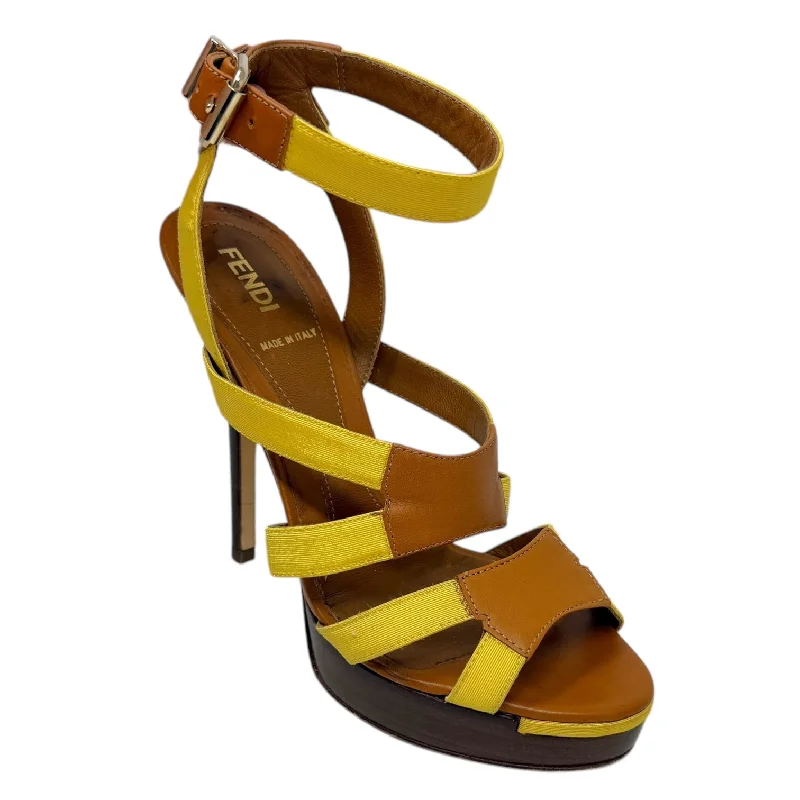 sandals with eco-conscious materials -Gros Grain & Cowhide Stilletto Sandals Luxury Designer By Fendi In Mimosa & Honey, Size: US 6.5/IT 36.5