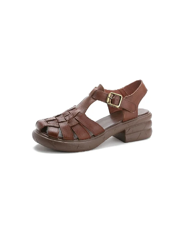 sandals for summer road trips -Leather Woven Close Toe Sandals Slingback