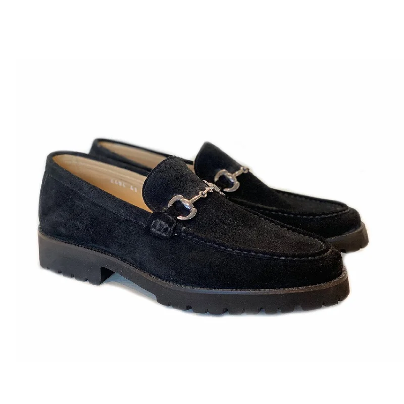 simple tassel loafers-Corrente C180-4494 Men's Shoes Black Suede Leather Horsebit Loafers (CRT1247)